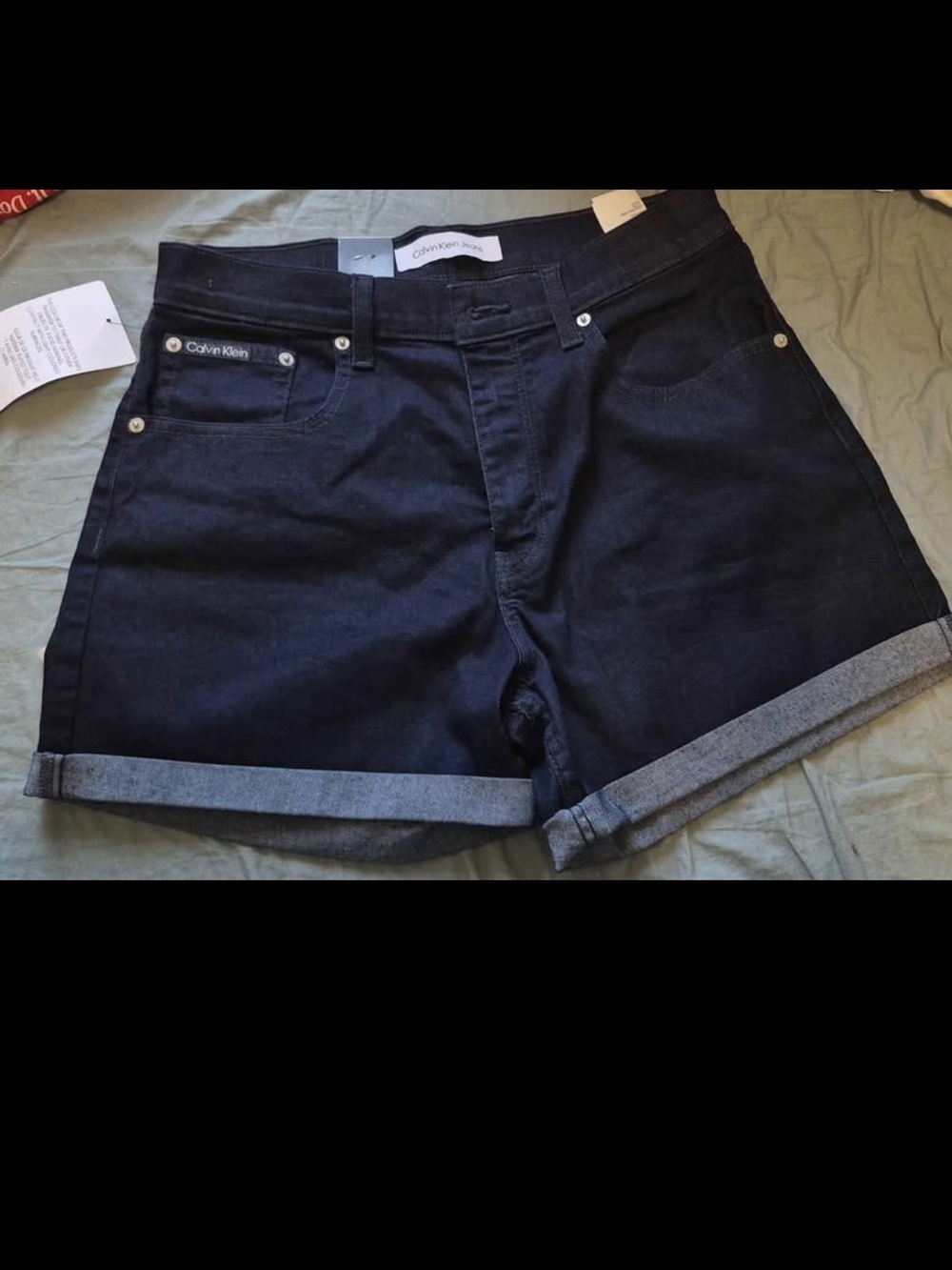 Calvin Klein Dark Blue Denim Shorts With Square Neck Terracota Top For Fall